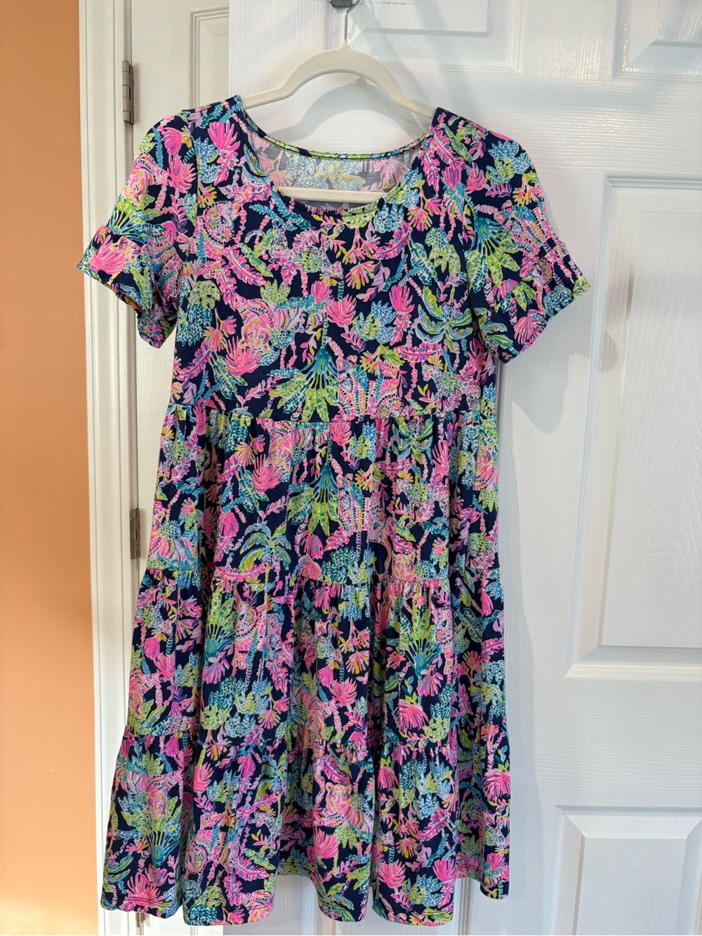 Lilly Pulitzer Navy Short Sleeve Floral Tiered Dress with Pink & Green